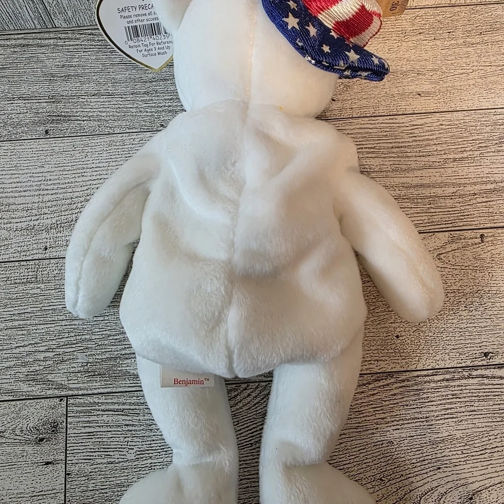 Ty Benjamin White Bear with Patriotic Hat and Bow Tie